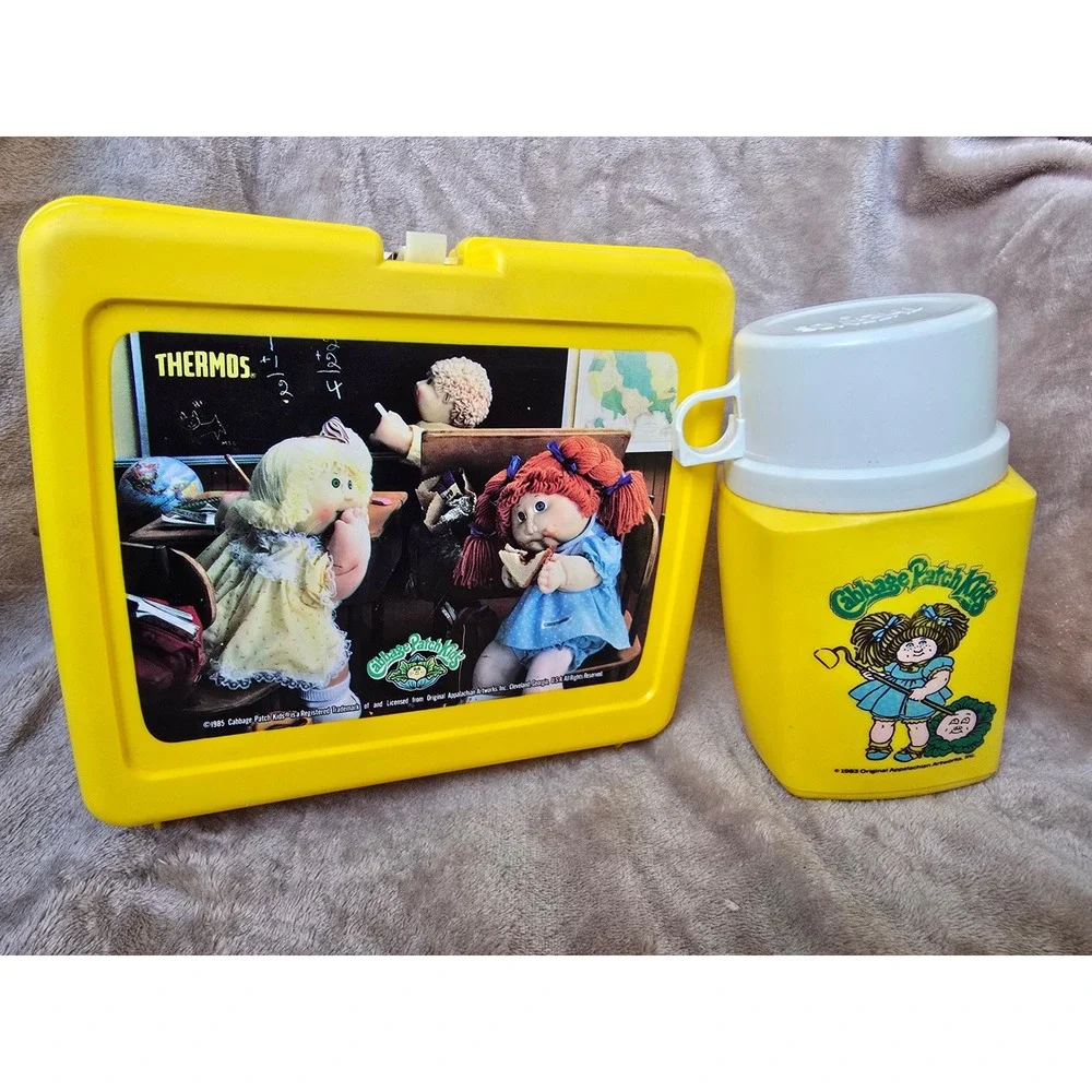 Vintage 1985 Cabbage Patch Kids Yellow Plastic Lunch Box with Thermos Set USA